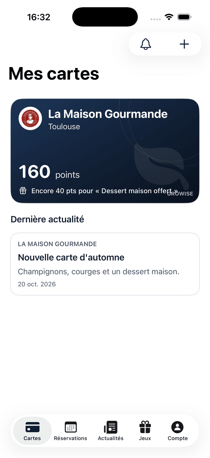 L'application Growise sur iPhone (prochainement sur l'App Store) : la carte de fidélité d'une cliente fictive de La Maison Gourmande, ses points et sa prochaine récompense.