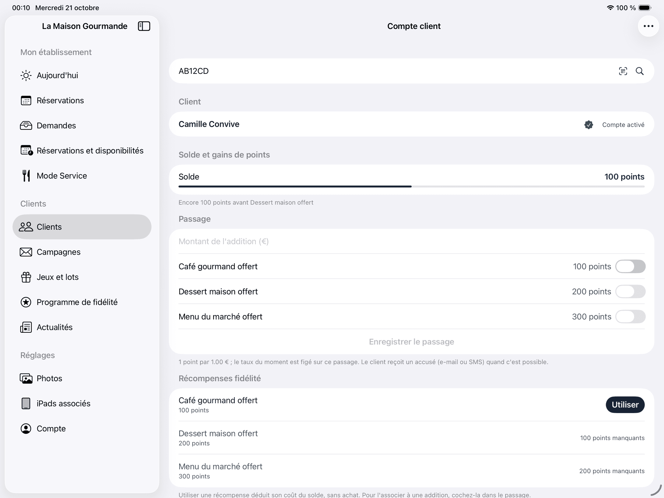 L'application Growise Manager sur iPad : la fiche d'une cliente fictive de La Maison Gourmande, ses points, ses récompenses et ses lots gagnés.