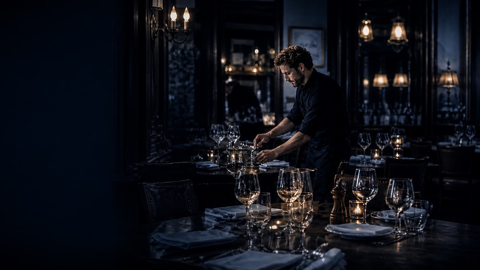 Restaurateur dressant une table dans une salle élégante en soirée