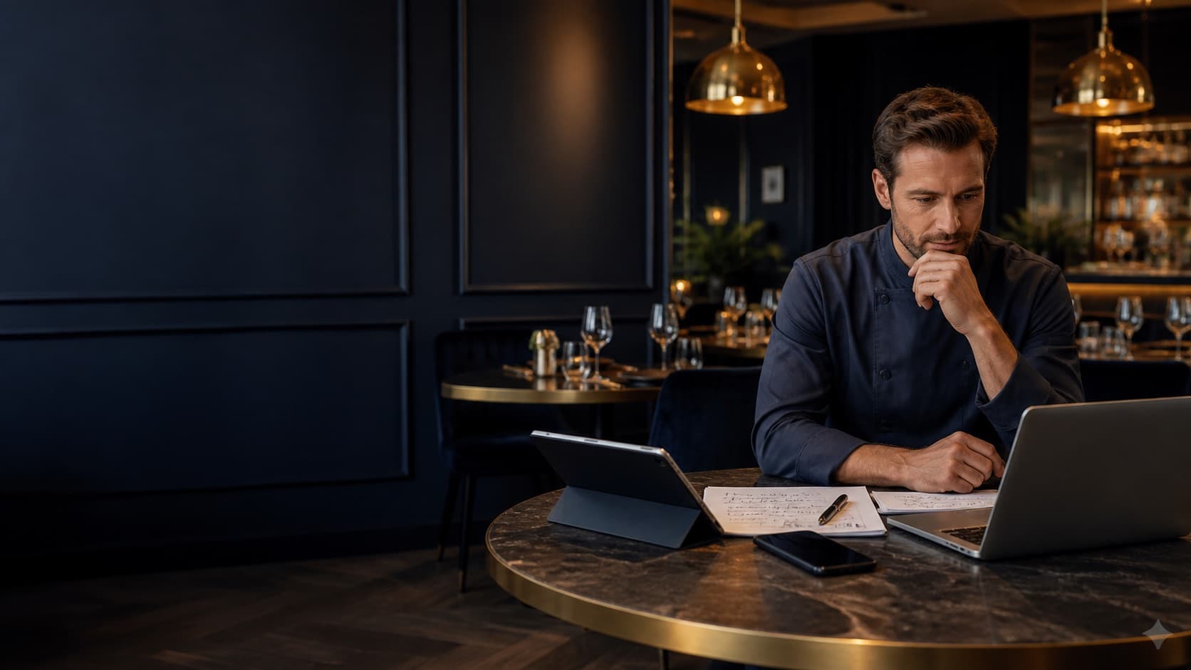 Restaurateur comparant plusieurs outils de gestion sur tablette, notes à la main