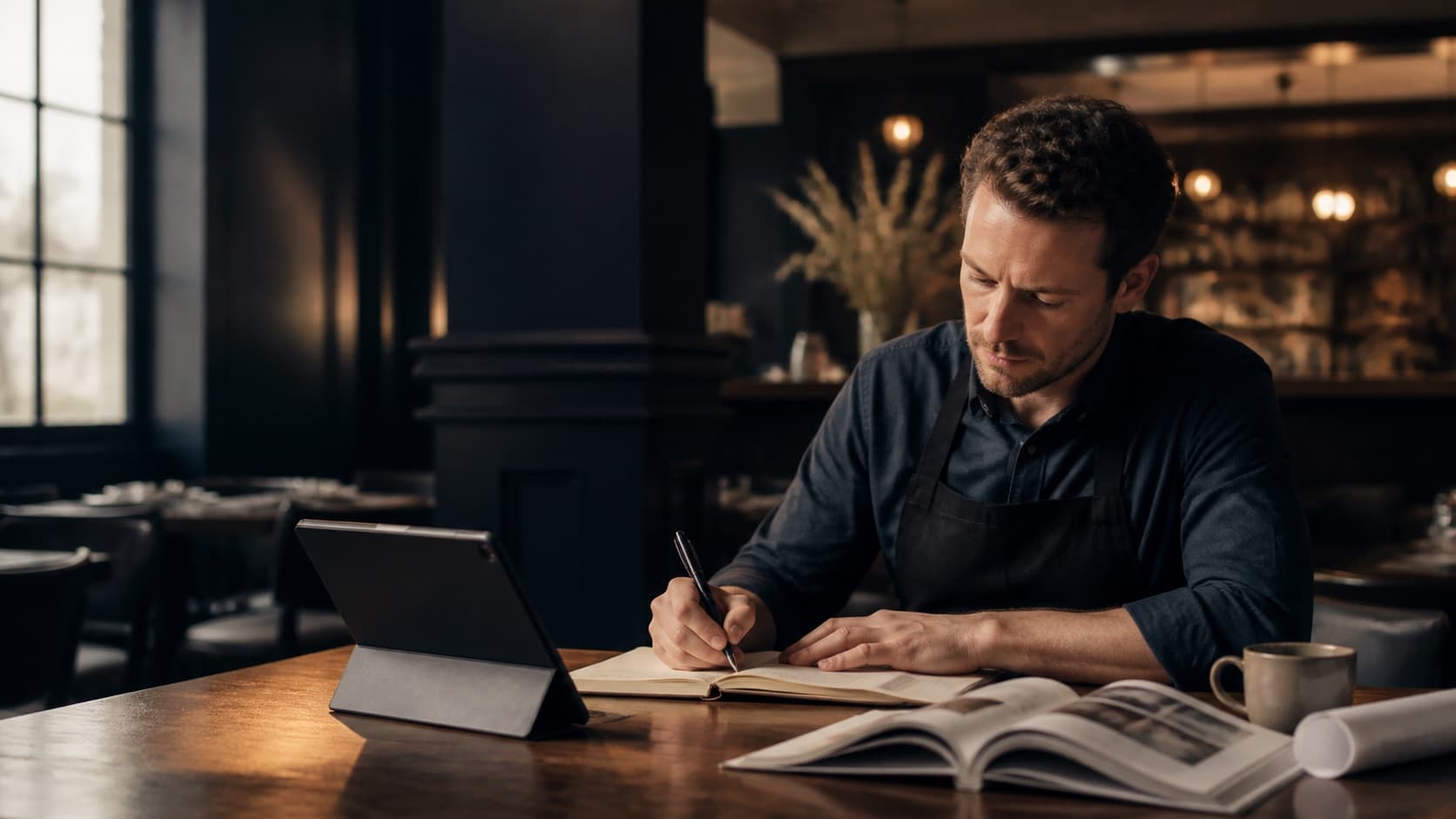 Restaurateur prenant des notes en salle, carnet et carte du restaurant sur la table