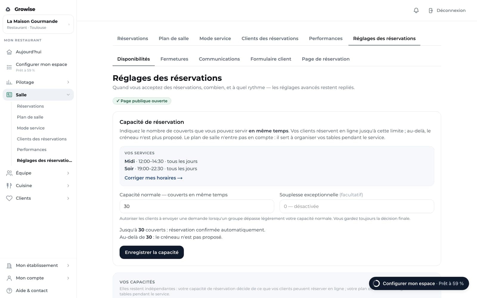 Les réglages des réservations : les services du midi et du soir, et la capacité en couverts fixée par le restaurateur.